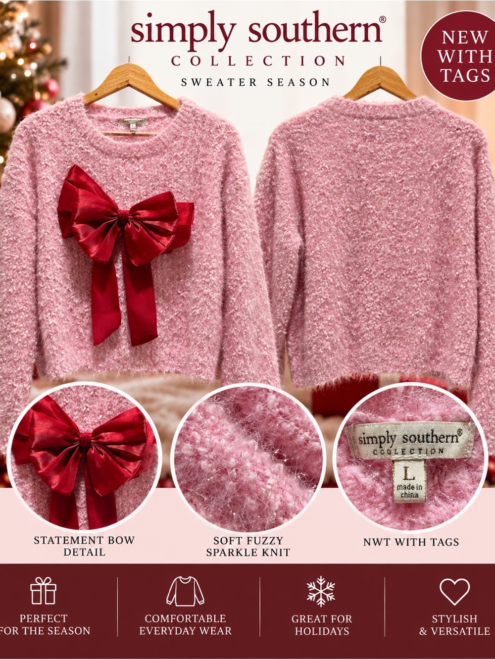 Simply Southern Pink Fuzzy Sparkle Crewneck Sweater with Red Bow